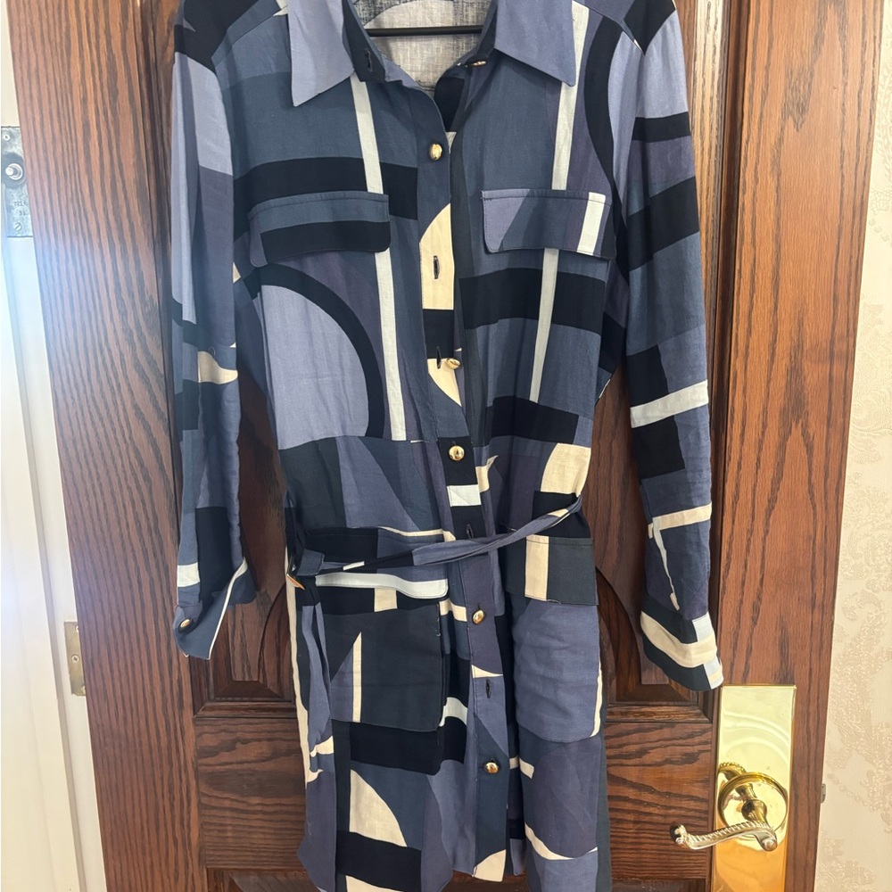 Zara Blue and Black Geometric Long Sleeve Dress